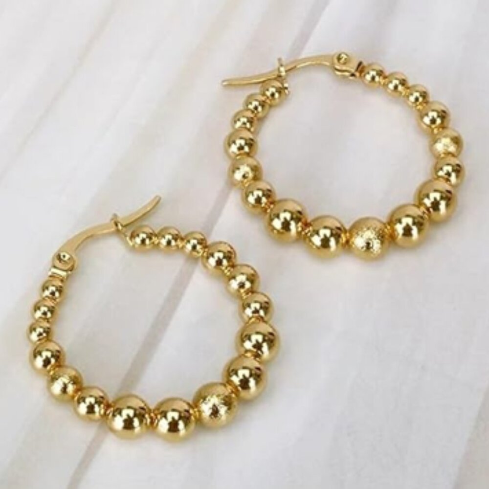 18K Gold Plated Stainless Steel Beads Hoop Earrings
